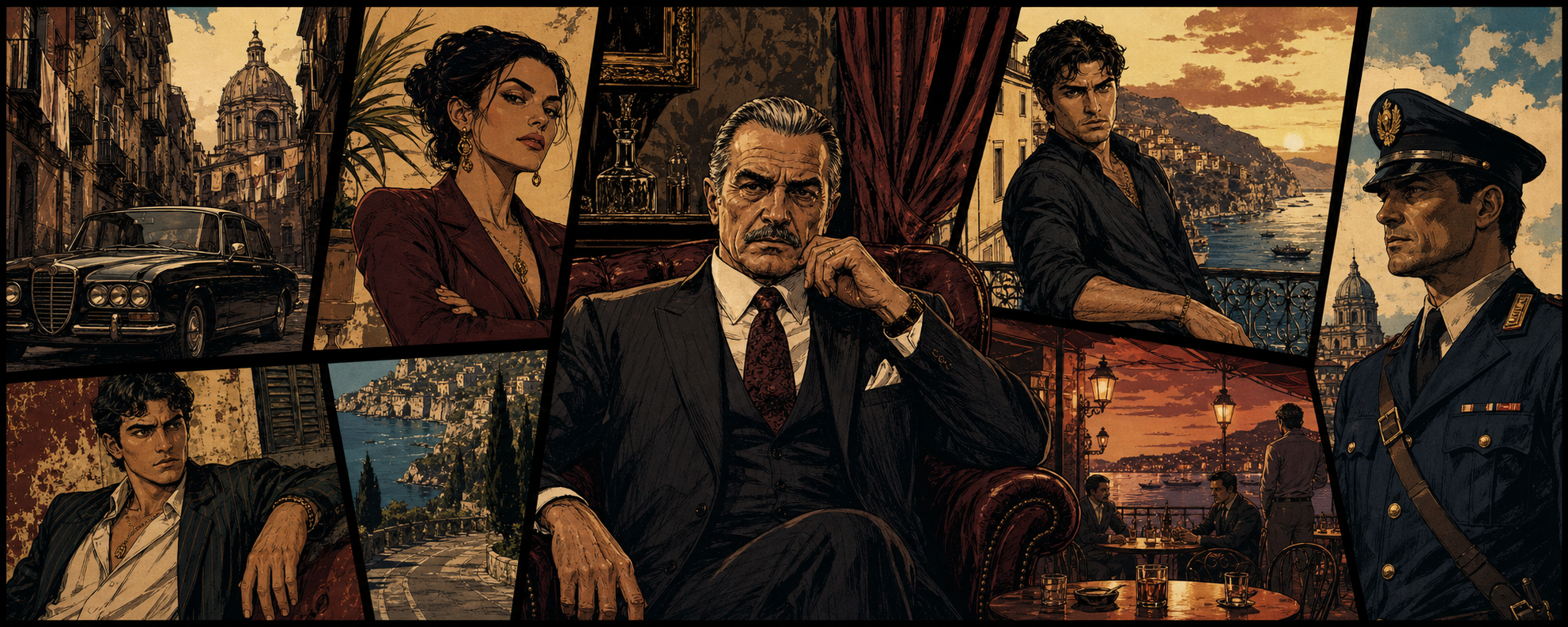 Illustrated Italian mafia characters, vintage car and coastal city scenes