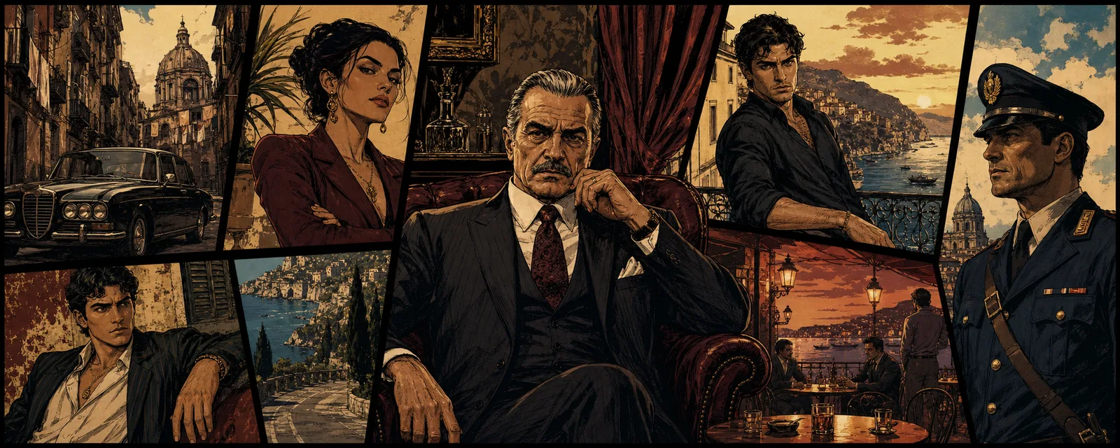 Illustrated Italian mafia characters, vintage car and coastal city scenes